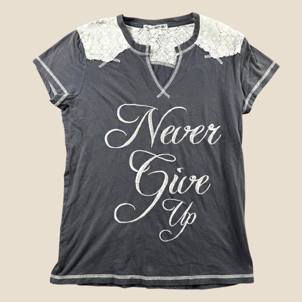 Cowgirl Tuff Co Graphic Tee Women M Gray Lace Shoulder Western Boho Casual Top
